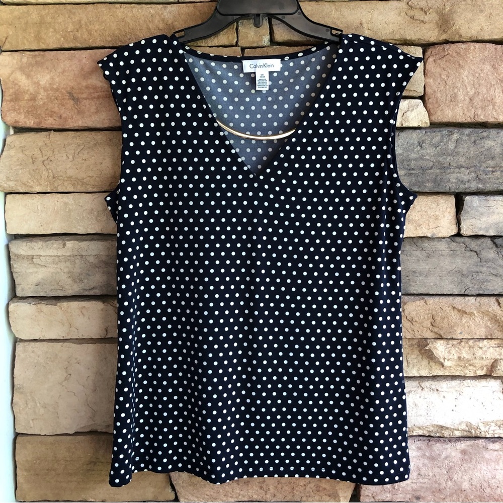 Calvin Klein navy blue white polka dot sleeveless blouse top Like New Medium